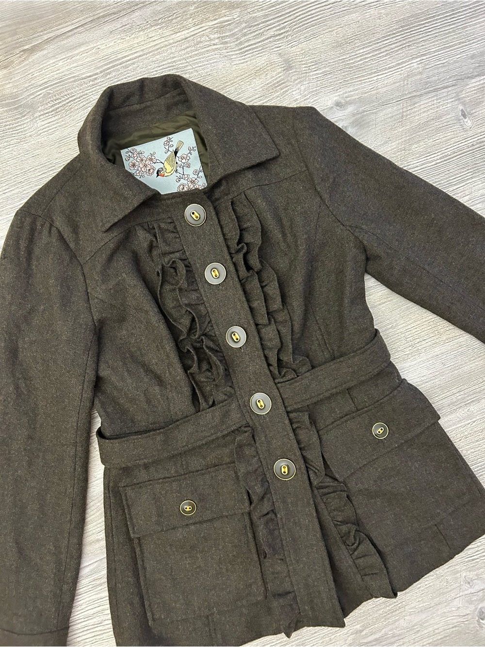 Tabitha Anthro Ruffle Front Wool Blend Trench Coat Jacket Brown Women’s Size 6